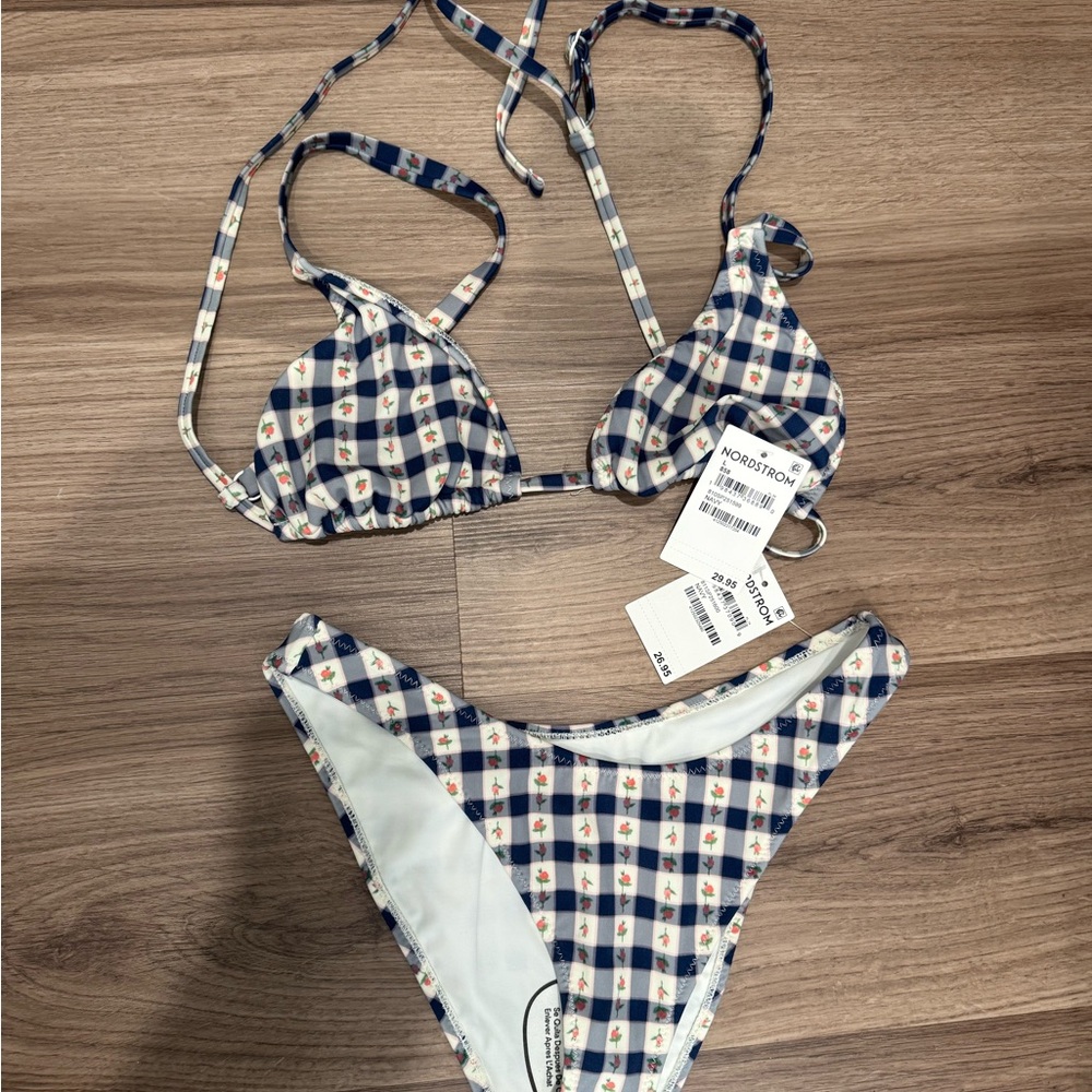 NWT Navy blue and White gingham and floral Bikini Set from Nordstrom